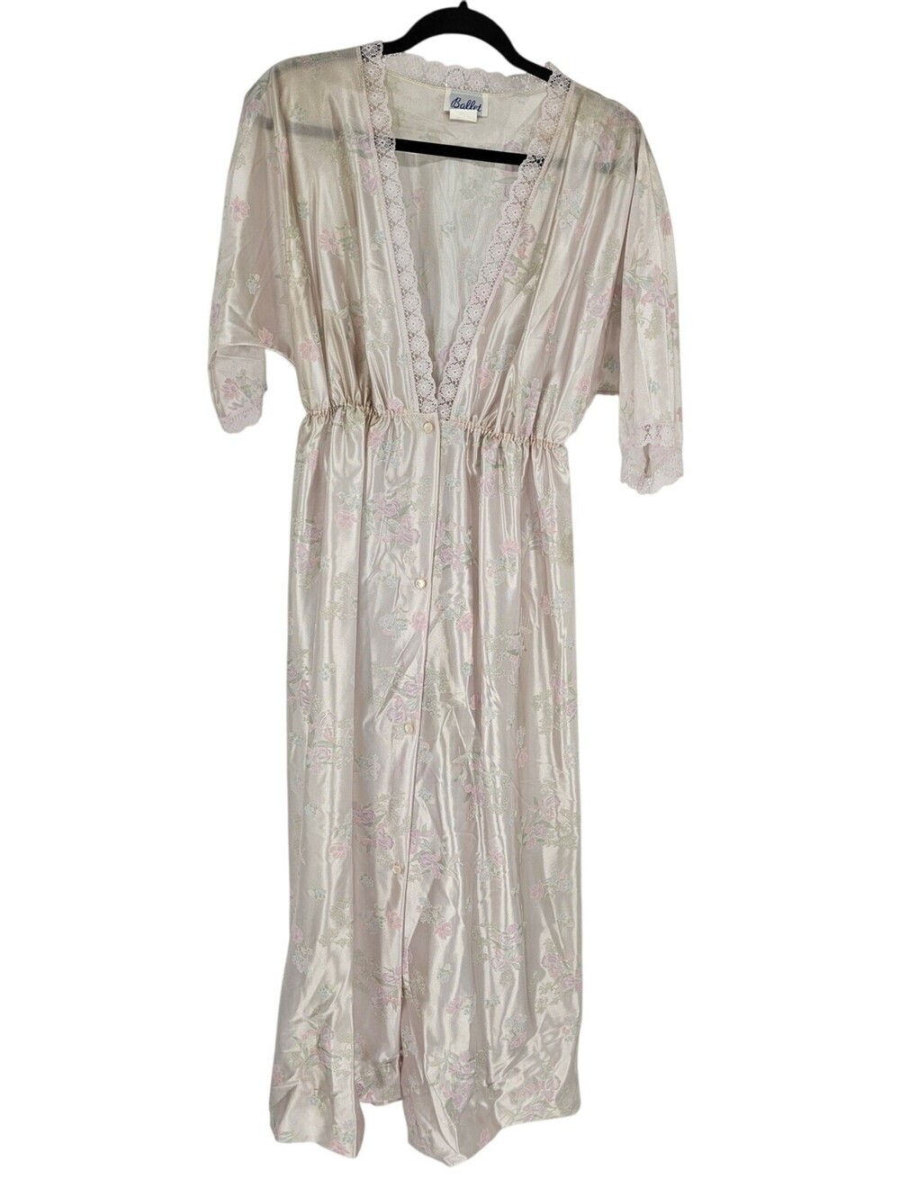 VTG Ballet Women's Floral Printed Satin Lace Trim Half Sleeve Night Gown Size L